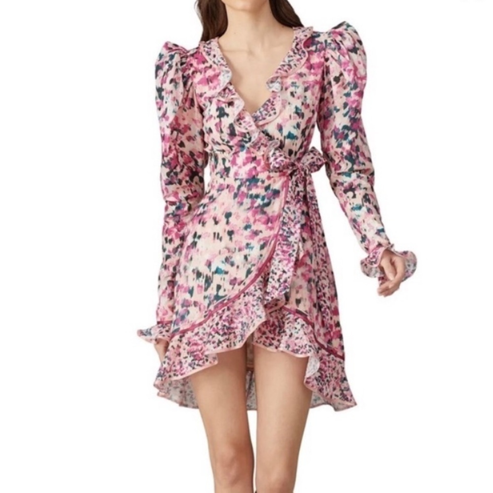 Rococo Sand Mimi Ruffle Trim Long Sleeve Mini Wrap Dress Pink Floral Barbiecore